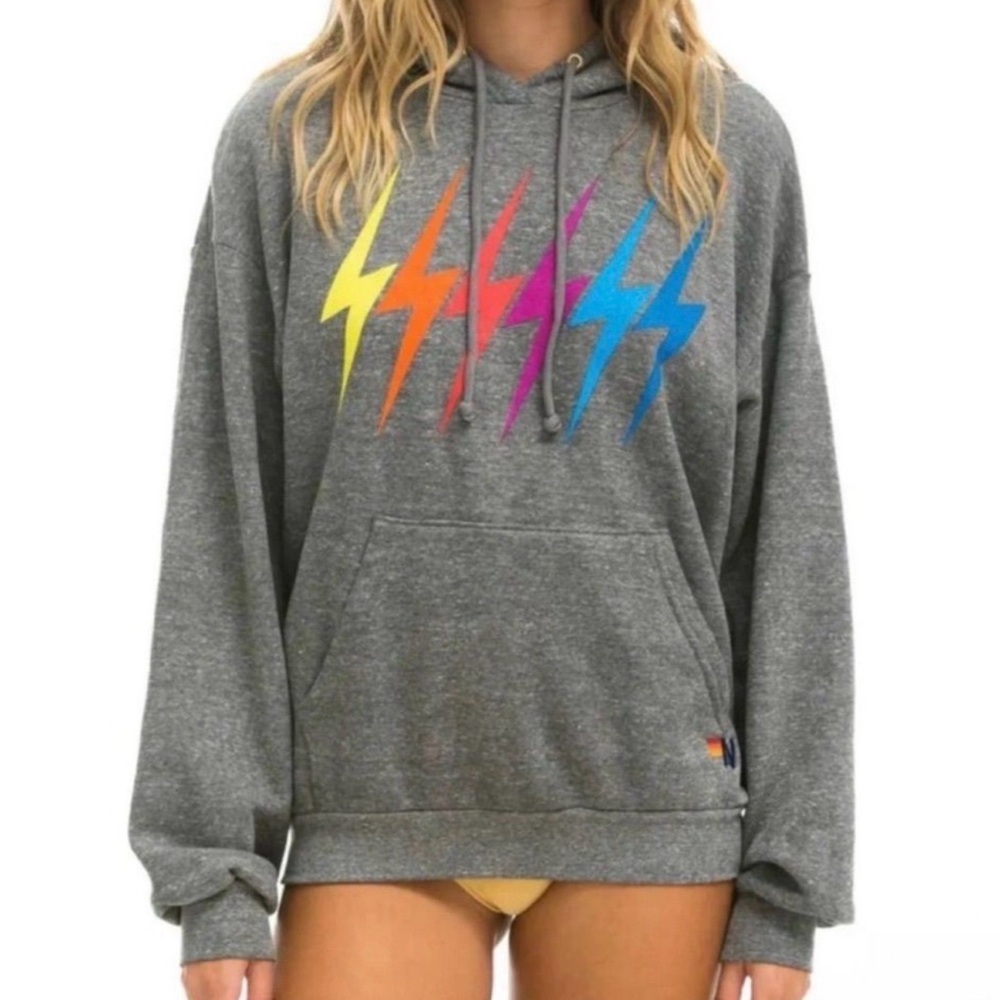 Aviator Nation Gray Hoodie with Rainbow Lightning Bolts